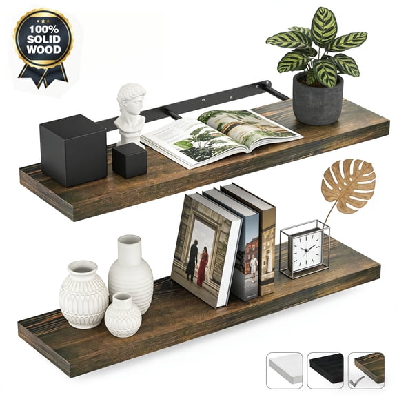 MEHOOM 36" Rustic Solid Wood Floating Shelves for Wall Set of 2, Brown Book Shelves,Wall Shelves for Bathroom,Bedroom,Living Room,Kitchen,Study Room, Kids Room, Farmhouse Decor