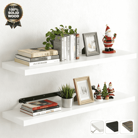 MEHOOM 36" Rustic Solid Wood Floating Shelves for Wall Set of 2, White Book Shelves,Wall Shelves for Bathroom,Bedroom,Living Room,Kitchen,Study Room, Kids Room, Farmhouse Decor
