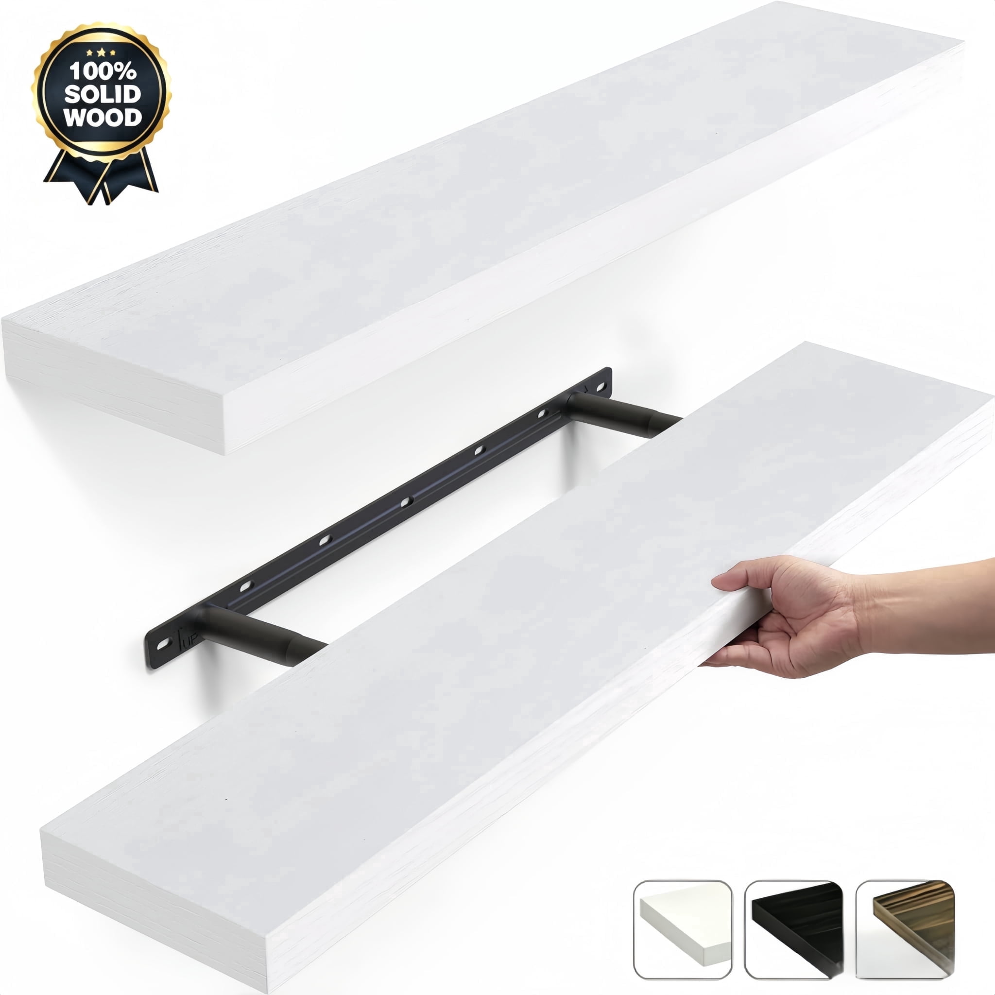 MEHOOM 36" Rustic Solid Wood Floating Shelves for Wall Set of 2, White Book Shelves,Wall Shelves for Bathroom,Bedroom,Living Room,Kitchen,Study Room, Kids Room, Farmhouse Decor