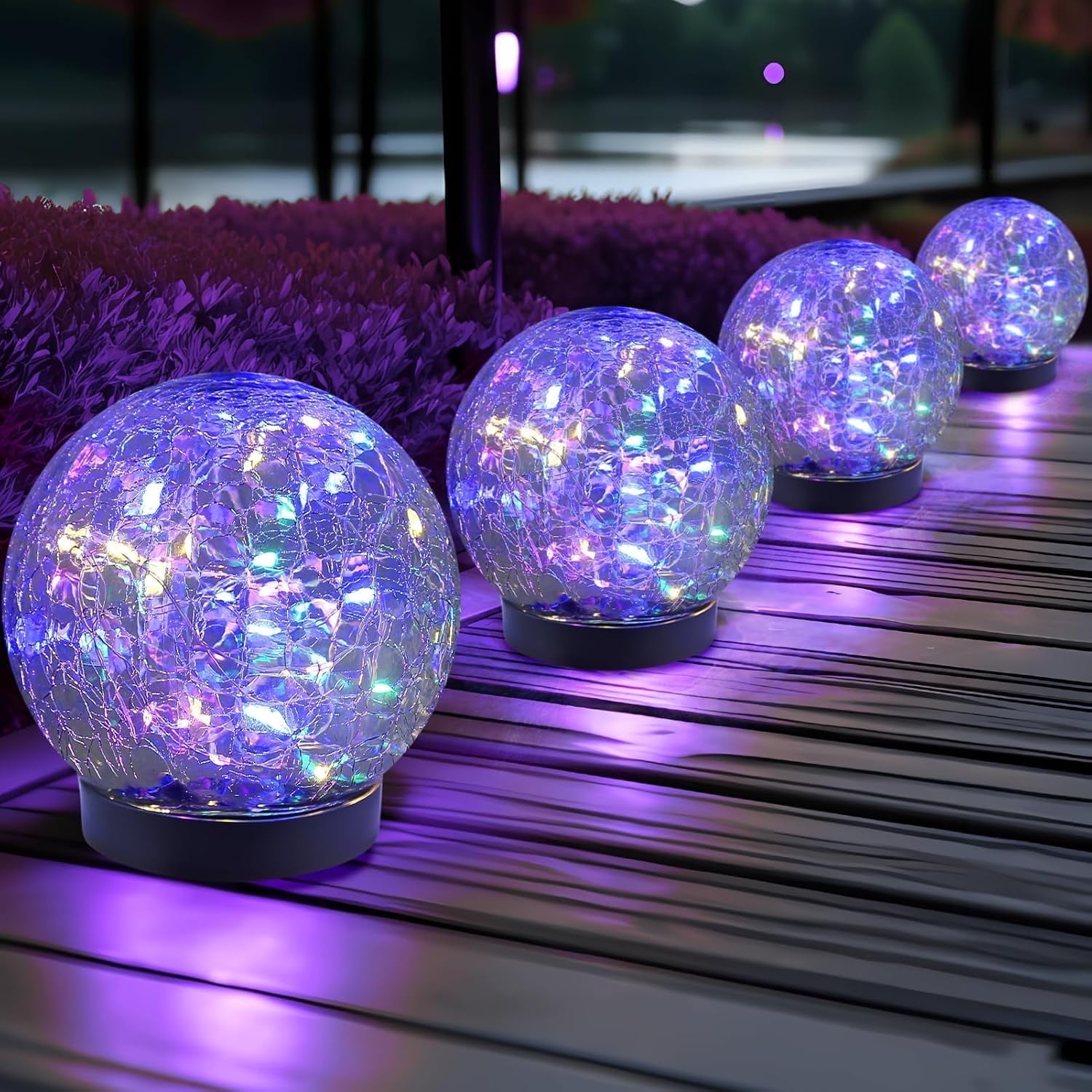 MEHOOM 4-Pack Cracked Globe Solar Garden Lights, Glass Ball Solar Powered Outdoor Lights, Multicolor Waterproof Lights for Outside Walkway Patio Yard Lawn Backyard Decor