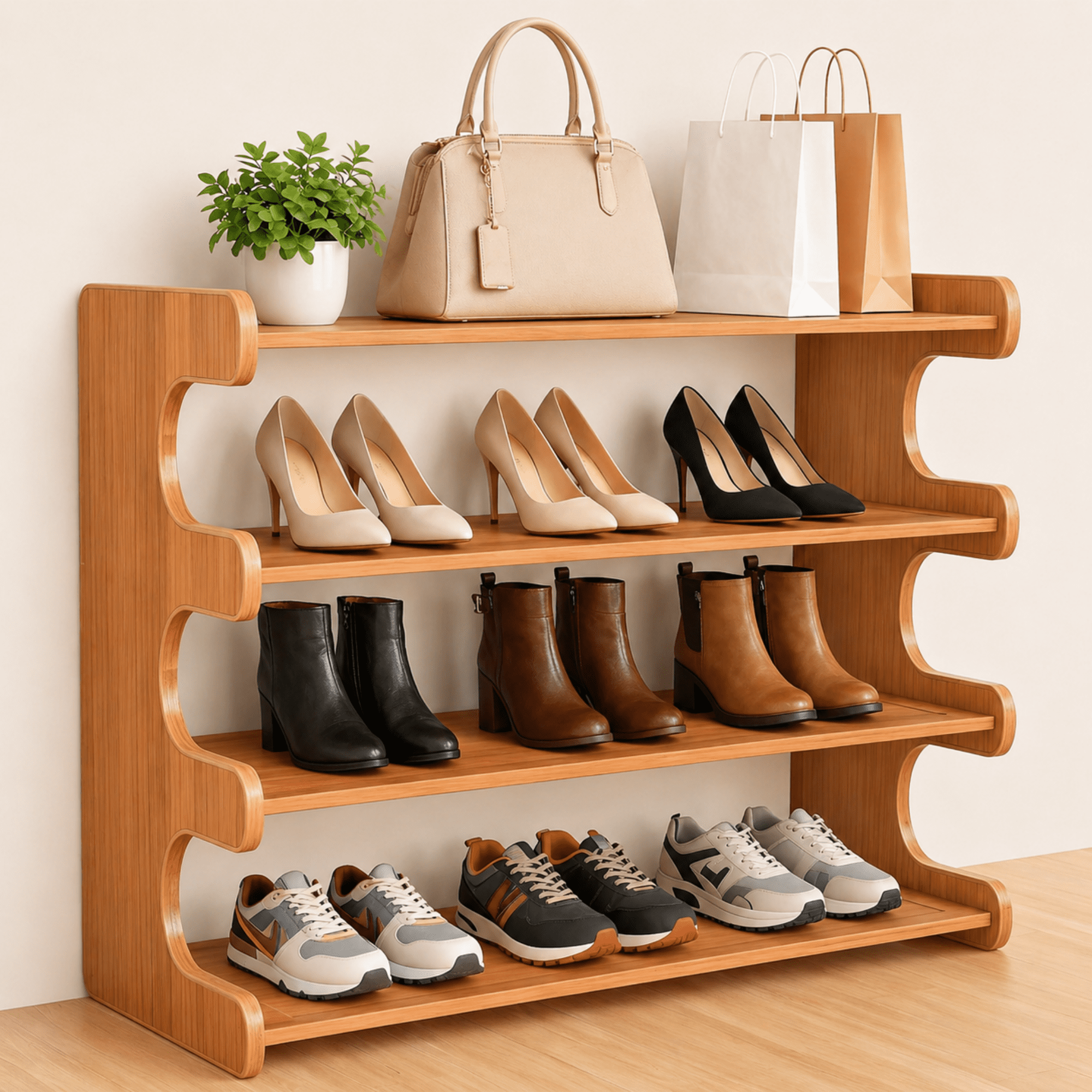 MEHOOM 4 Tier Bamboo Shoe Rack Organizer, Sturdy Shoe Storage Shelf for Closet, Entryway, Dorm & Garage, 28"x11"x20" (Natural)