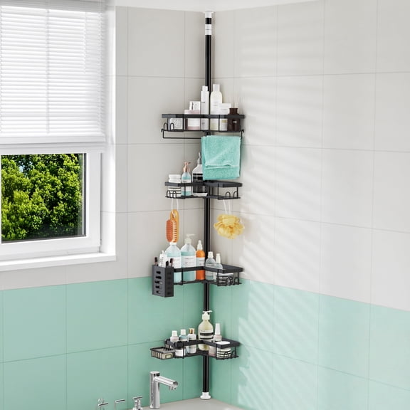 MEHOOM 4-Tier Corner Shower Caddy with Tension Pole, Adjustable 30–120 inch, No-Drill Shower Organizer with Hooks, Soap Holder & Toothbrush Cup, Rustproof Bathroom Caddy (Black)