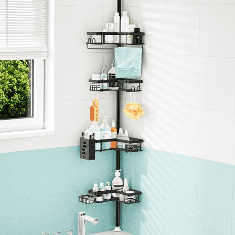 MEHOOM 4-Tier Corner Shower Caddy with Tension Pole, Adjustable 30–120 inch, No-Drill Shower Organizer with Hooks, Soap Holder & Toothbrush Cup, Rustproof Bathroom Caddy (Black)