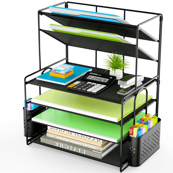 MEHOOM 6 Tier  Desk Organizer, Desk Accessories with Pen Holder & Drawer & 2 Tilted File Sorter,  File Organizer for Office