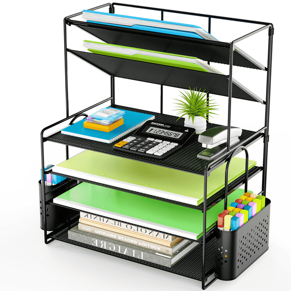 MEHOOM 6 Tier Metal File Organizer for Desktop, Desk Organizer Sets, Paper Organizer with Pencil Holders for Office, Dorm Desktop Setup, Classroom Desk Accessories & Workspace Organizers, Black