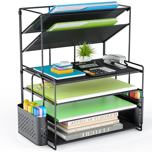 MEHOOM 6-Tier Desk File Organizer with Pencil Holders, Office Desk Organizer for Files and Supplies
