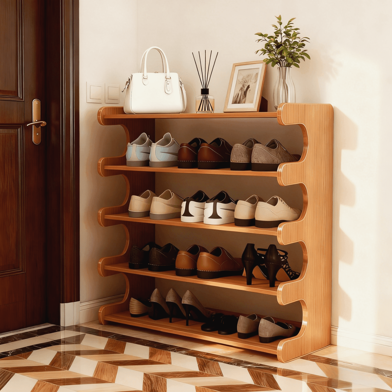 MEHOOM 5 Tier Bamboo Shoe Rack Organizer for Closet, Entryway, Dorm, Garage, Sturdy Shoe Storage Shelf, 28"x11"x27" (Natural)