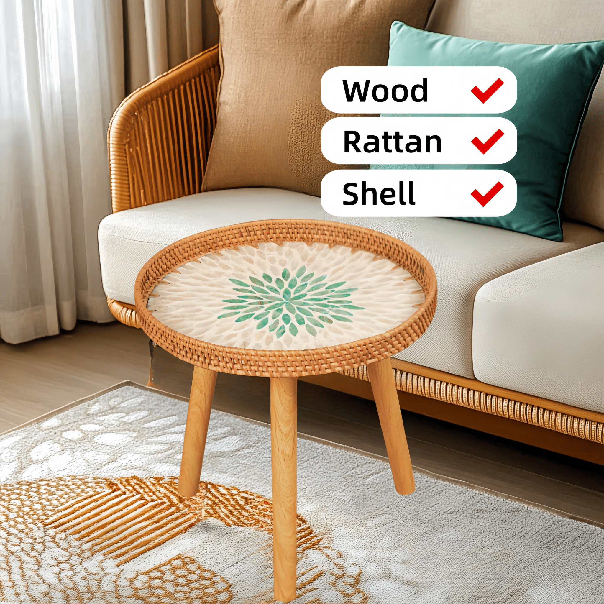 MEHOOM 16"Round End Table for Living Room, Handmade Rattan Shell Wooden Side Table, Small End Table Farmhouse Small Coffee Table, Round End Table Home Decor for Bedroom Small Spaces Corner