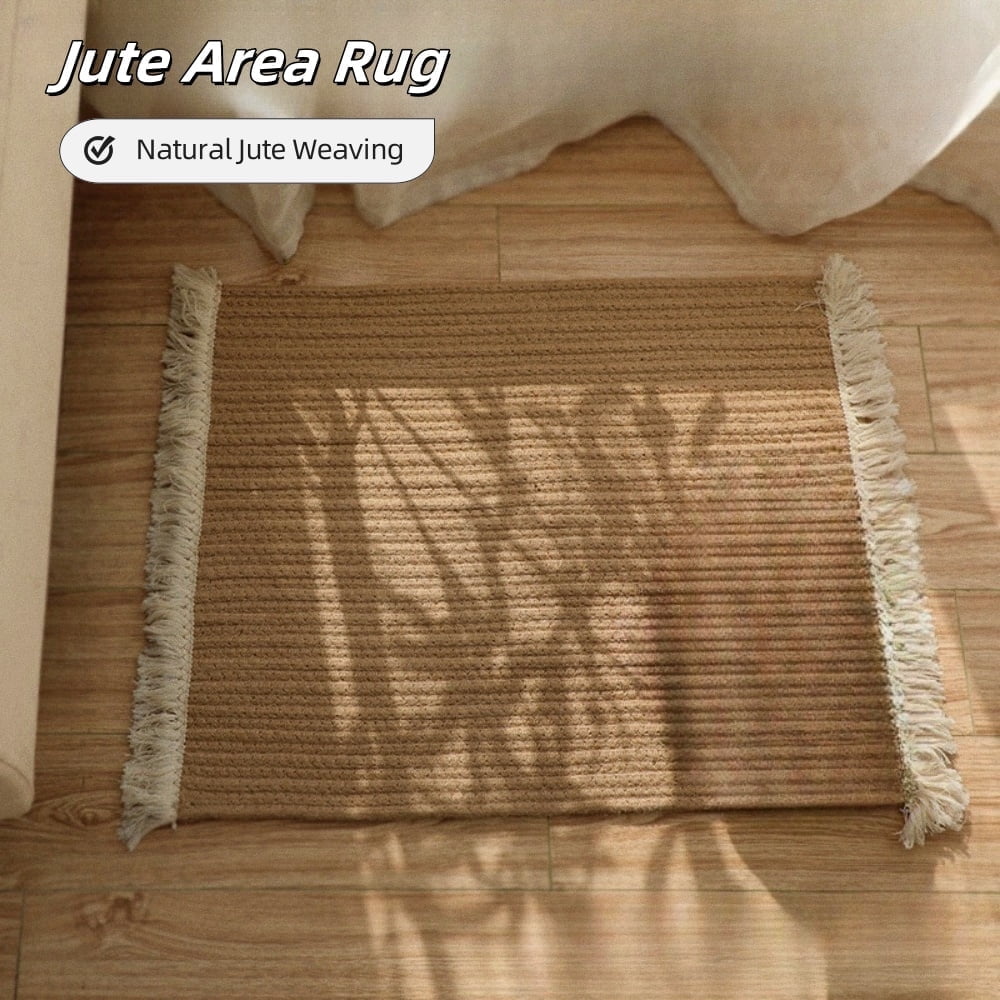 MEHOOM 20"x28" Boho Jute Woven Mat with Tassels, Washable Brown Area Rug, Farmhouse Decor for Living Room, Bedroom, Kitchen, Hallway