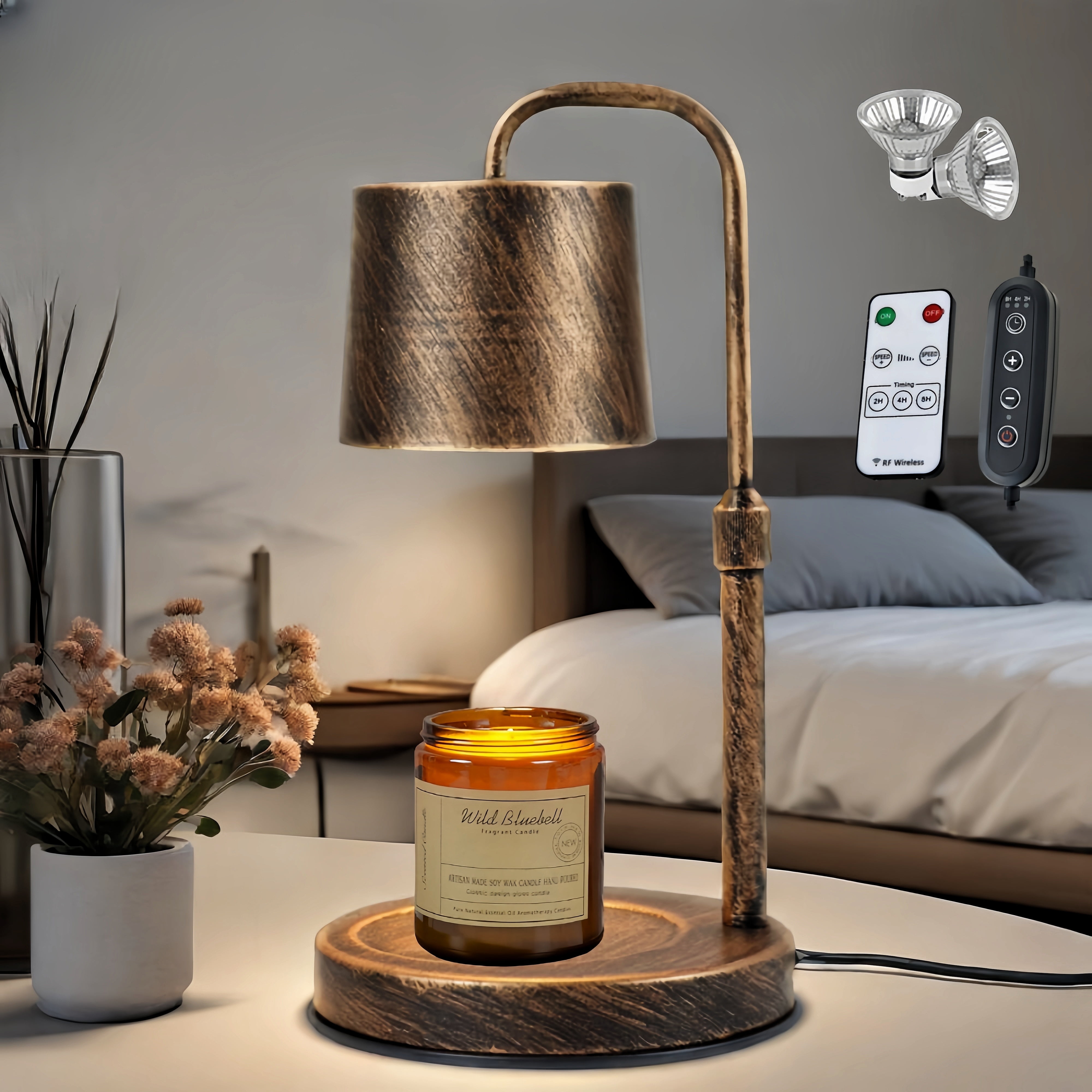MEHOOM Vintage Metal Candle Warmer Lamp, with Dimmer and Timer & 2 Bulbs, Gifts for Bedroom Living Room