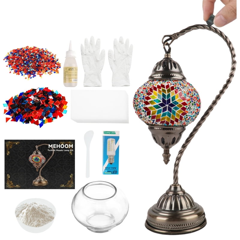 MEHOOM DIY Turkish Moroccan Lamp Making Kit, Mosaic Tiles Crafts Kit for Adults, Boho Decor Stained Glass Bedside Table Lamp, Unique Gift for Her or Him(Swan Neck Multicolor)