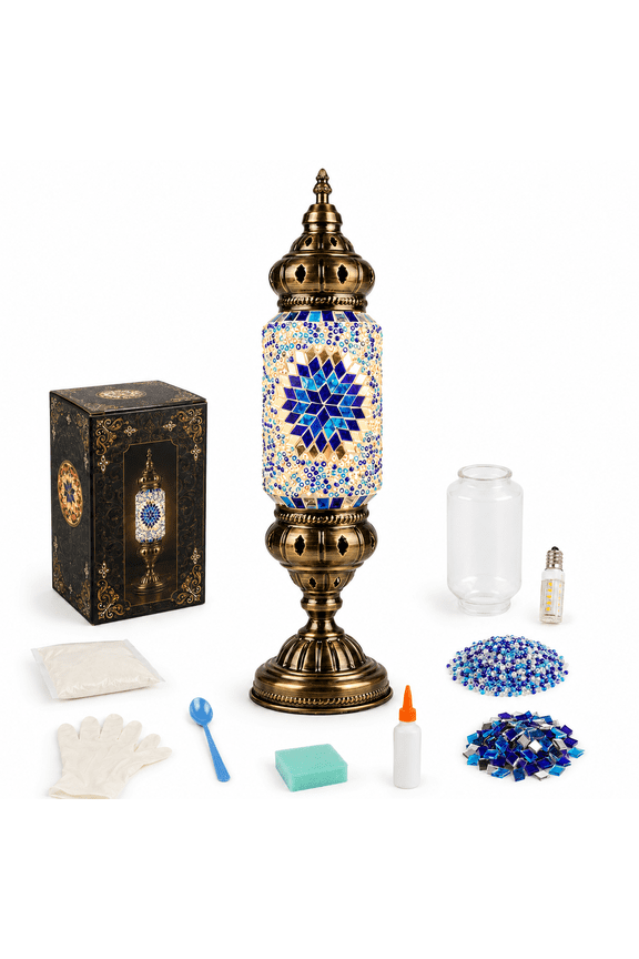 DIY Mosaic Lamp Kit, Turkish Crafts Kit for Adults, Luxury Moroccan-style Decor, Table Lamp for Bedroom Ambiance, Perfect Gift for Her or Him (Serenity Blue)