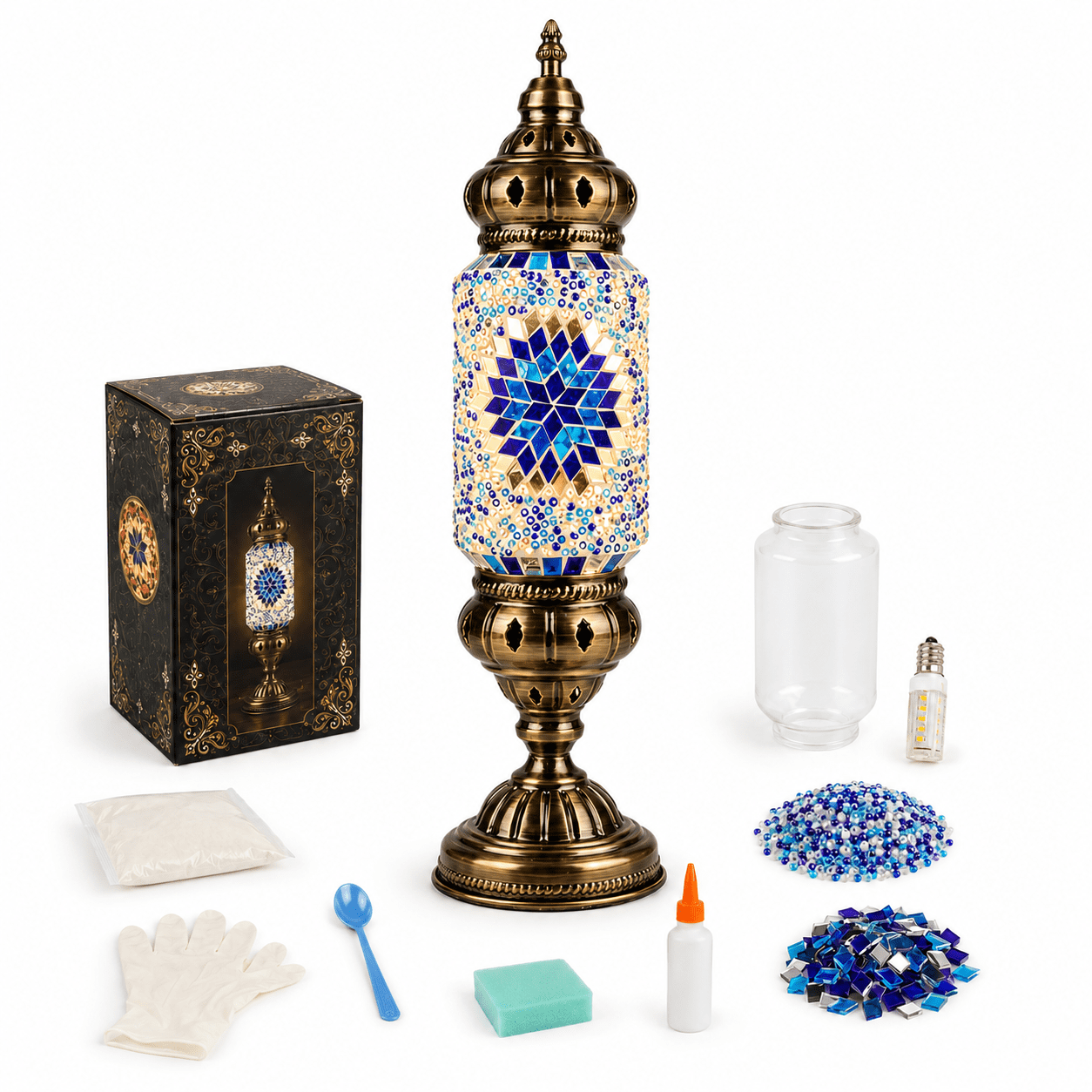 MEHOOM DIY Mosaic Lamp Kit, Turkish Crafts Kit for Adults, Luxury Moroccan-style Decor, Table Lamp for Bedroom Ambiance, Perfect Gift for Her or Him (Serenity Blue)