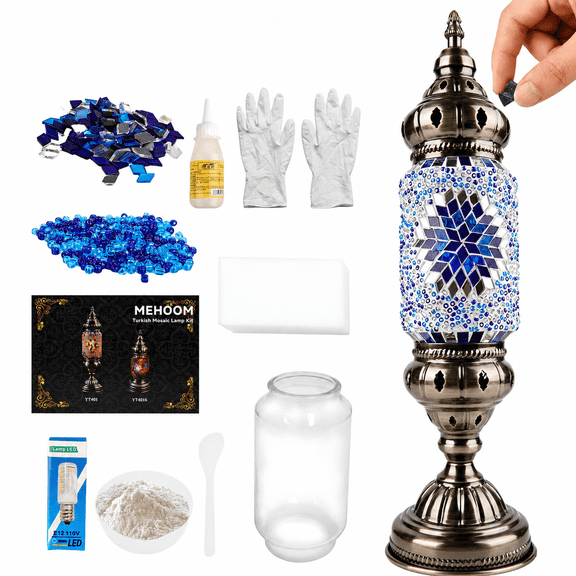 MEHOOM DIY Mosaic Lamp Kit, Turkish Crafts Kit for Adults, Luxury Moroccan-style Decor, Table Lamp for Bedroom Ambiance, Perfect Gift for Her or Him (Serenity Blue)
