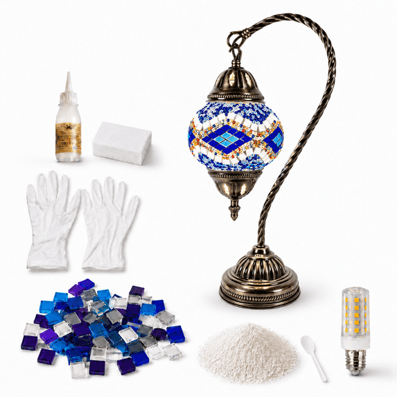 MEHOOM DIY Turkish Moroccan Lamp Making Kit, Mosaic Tiles Crafts Kit for Adults, Boho Decor Stained Glass Bedside Table Lamp, Unique Gift for Her or Him (Swan Neck Blue)