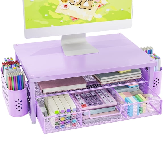 MEHOOM Desk Organizer, 3-Tier Monitor Stand with Storage and 2 Pen Holder, Laptop Stand, Office Desk Accessories for Office Supplies, Purple