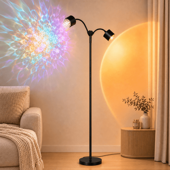 MEHOOM Double-Headed Floor Lamp , 360°Rotating Sunset Lamp Ambiance Comes with 7 Color Swatches, Modern Floor Stand Night Light for Living Rooms, Bedrooms & Offices