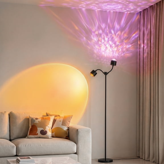 MEHOOM Double-Headed Floor Lamp , 360°Rotating Sunset Lamp Ambiance Comes with 7 Color Swatches, Modern Floor Stand Night Light for Living Rooms, Bedrooms & Offices