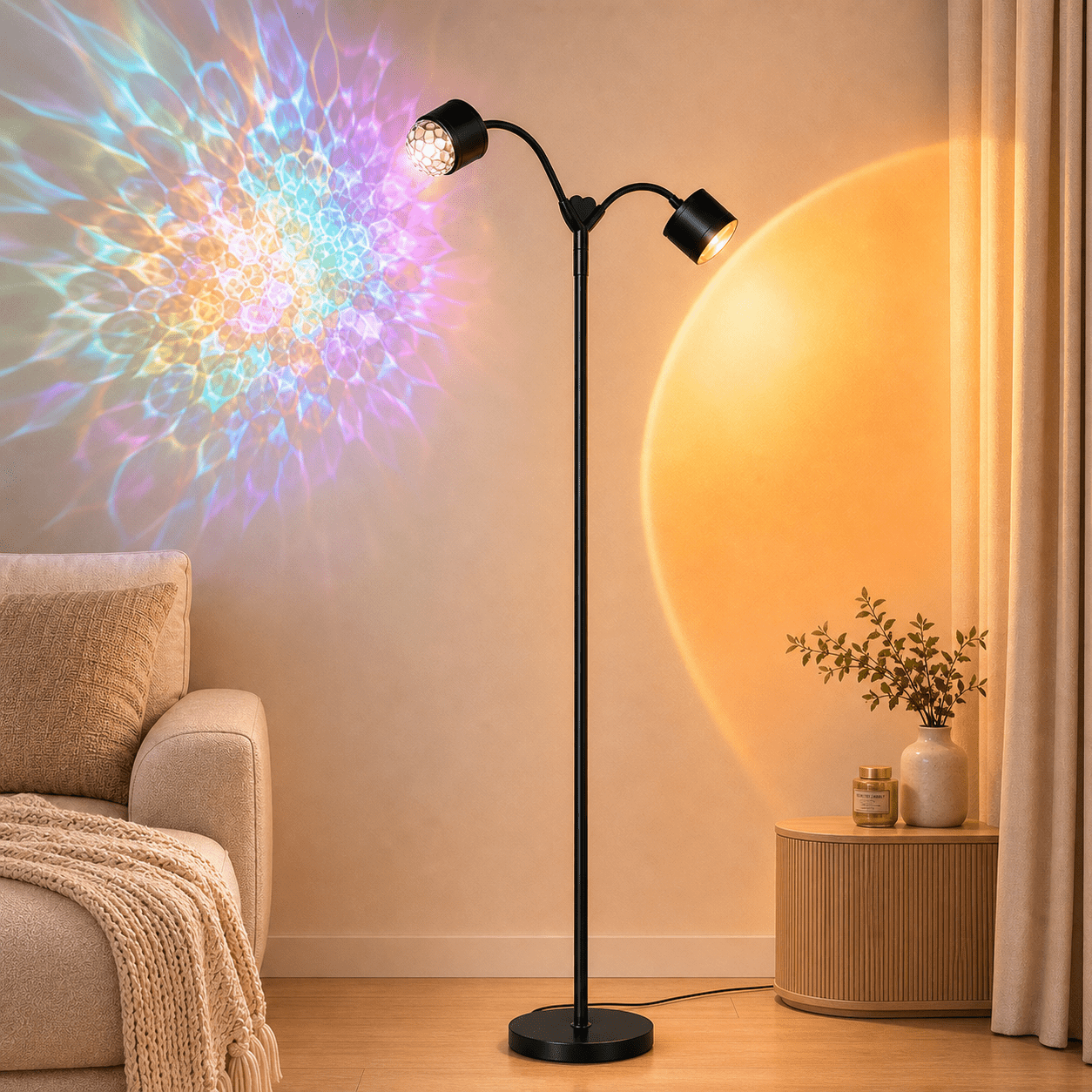 MEHOOM Double-Headed Floor Lamp , 360°Rotating Sunset Lamp Ambiance Comes with 7 Color Swatches, Modern Floor Stand Night Light for Living Rooms, Bedrooms & Offices