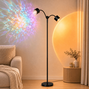 MEHOOM Double-Headed Floor Lamp , 360°Rotating Sunset Lamp Ambiance Comes with 7 Color Swatches, Modern Floor Stand Night Light for Living Rooms, Bedrooms & Offices