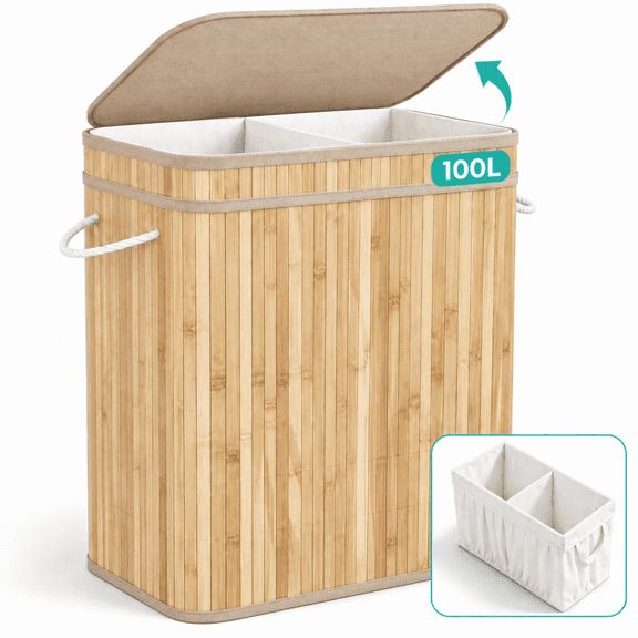 MEHOOM Laundry Hamper, 100L Foldable Laundry Basket College Essential with Lid and Handles (Natural Bamboo)