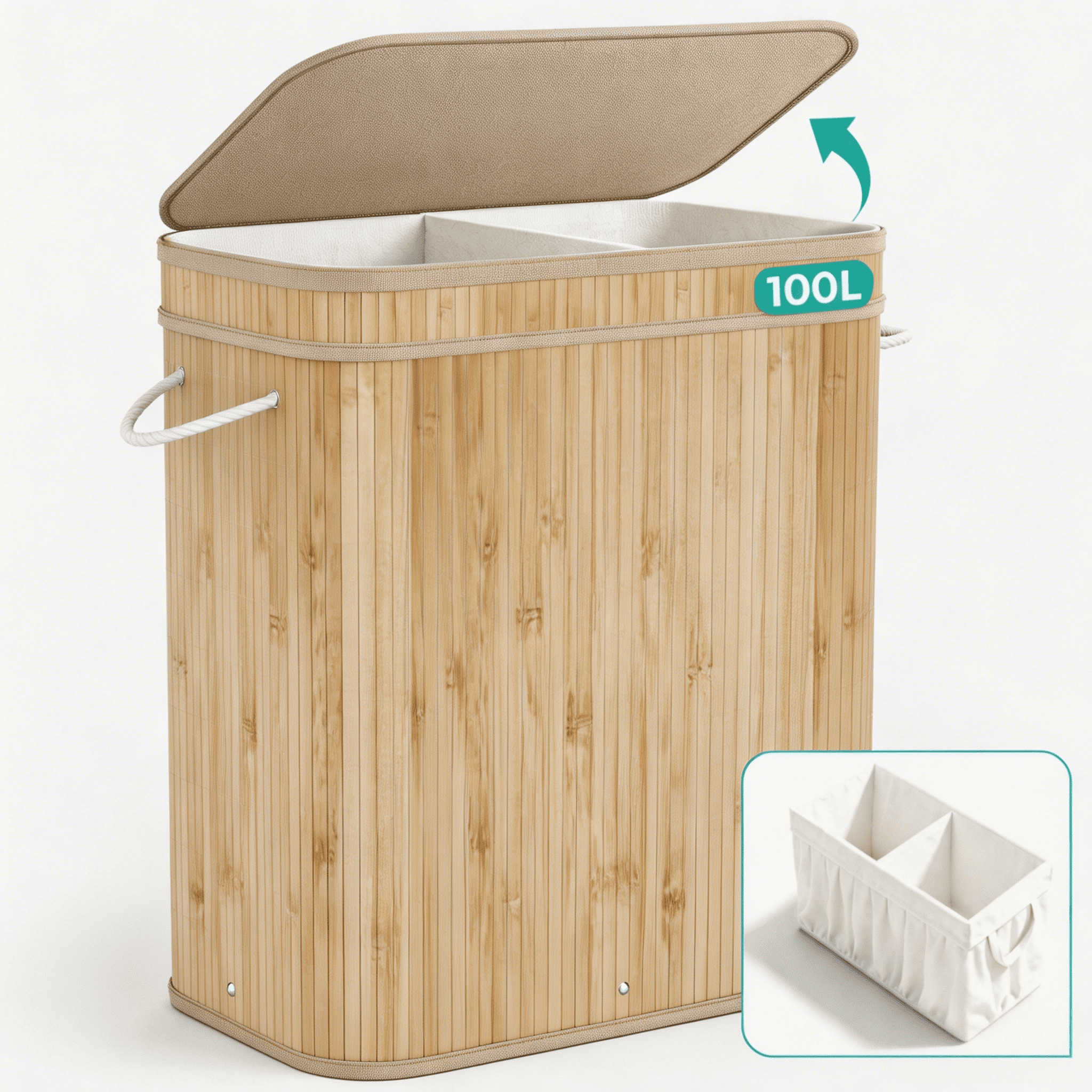 MEHOOM Laundry Hamper, 100L Foldable Laundry Basket with Lid and Handles (Natural Bamboo)
