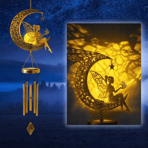 MEHOOM Hanging Moon Fairy Solar Lights for Garden Decor, Outdoor Wind Chimes with Solar Powered Lights & 5 Metal Tubes