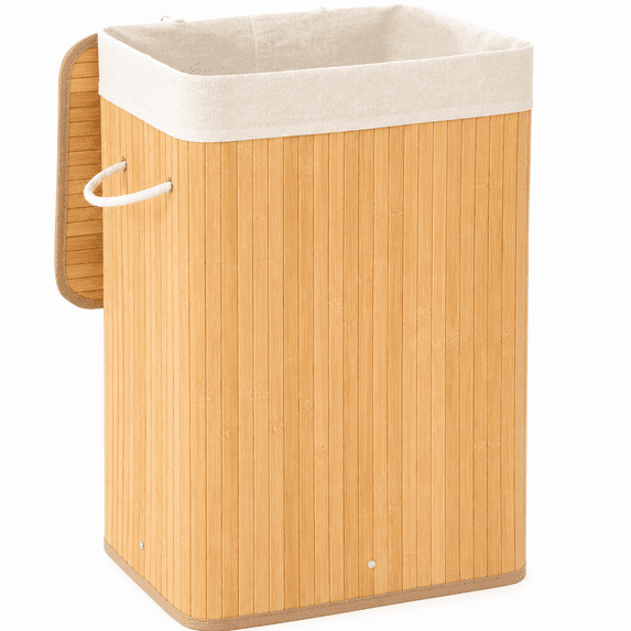 MEHOOM Laundry Hamper with Lid, 80L Laundry Basket with Handles, College Essential Foldable Clothes Hampers, Bamboo laundry hamper with Removable Liner for Laundry Room, Bedroom, Bathroom, Natural