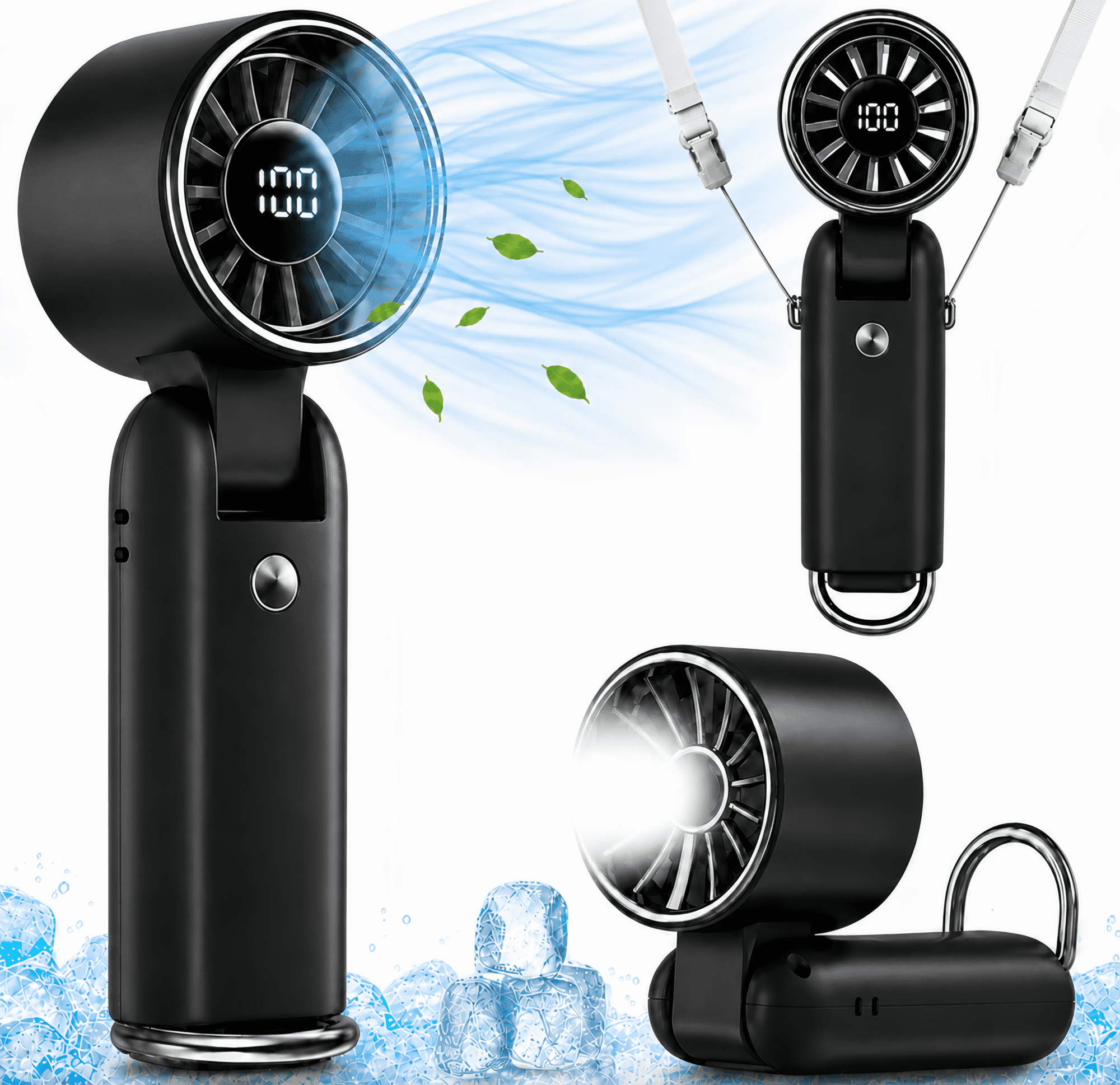 MEHOOM Mini Handheld Portable Fan, 3 IN 1 5000mAh Rechargeable Outdoor Personal Fan with Flashlight, 180° Adjustable, 100 Speed, Small Air Turbo Personal Fan for Outdoor Indoor, Travel, Beach, Black