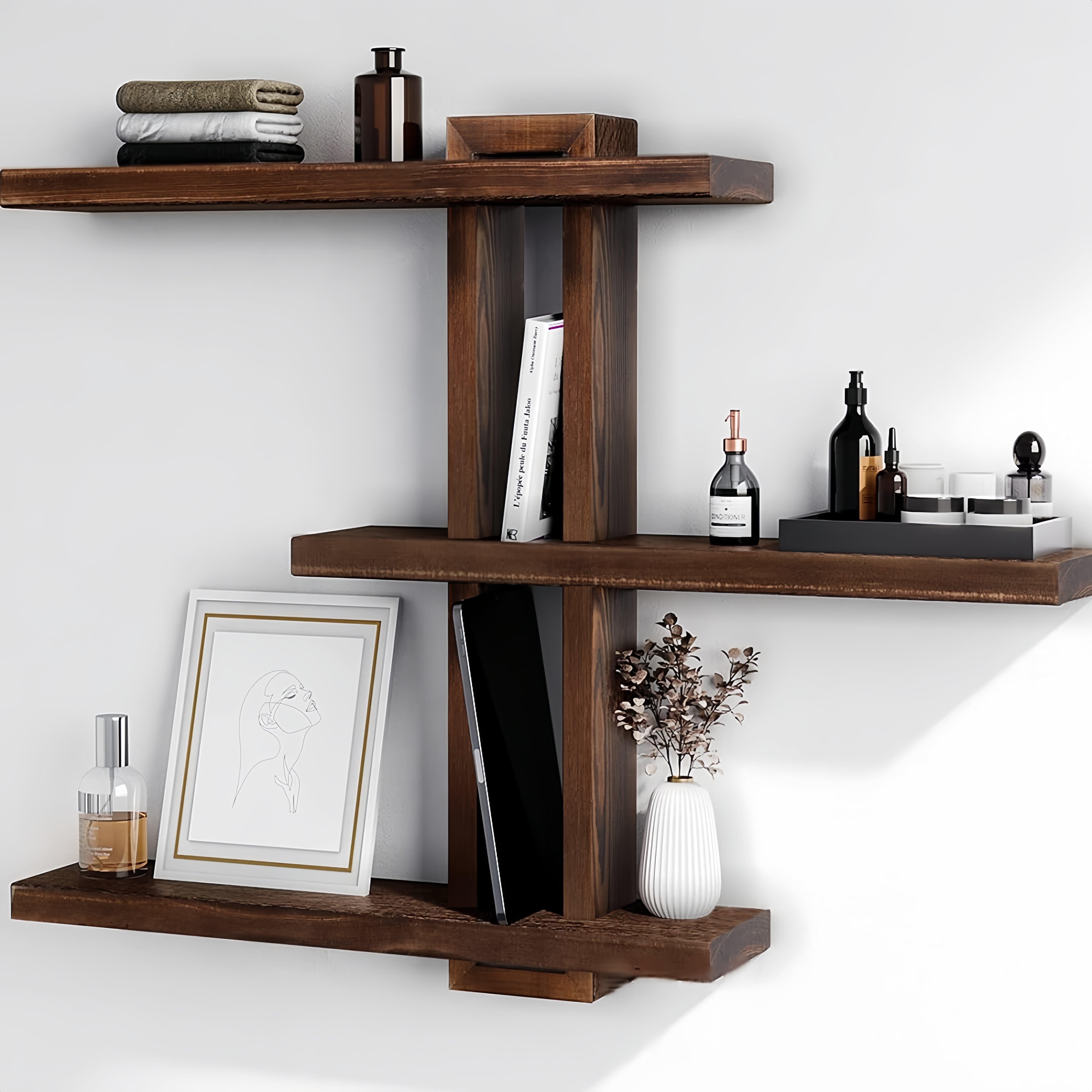 MEHOOM 3-Tier Wooden Floating Wall Shelf, Rustic Wall-Mounted Storage Shelves for Bedroom, Living Room, Farmhouse Wall Decor, 20in