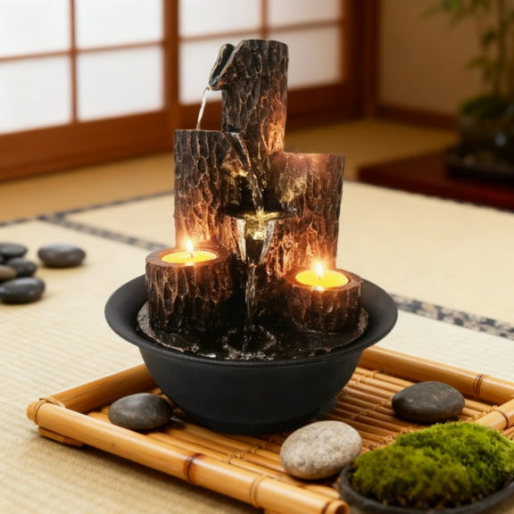 MEHOOM Resin 3-Tier Tabletop Waterfall Fountain with Candle Holder, Desktop Water Fountain Indoor Home