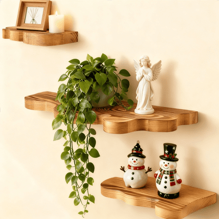 MEHOOM Set of 3 Live Edge Solid Wooden Floating Shelves, Rustic Farmhouse Vintage Wall Shelf Display Decor for Living Room, Bathroom, Bedroom, Brown