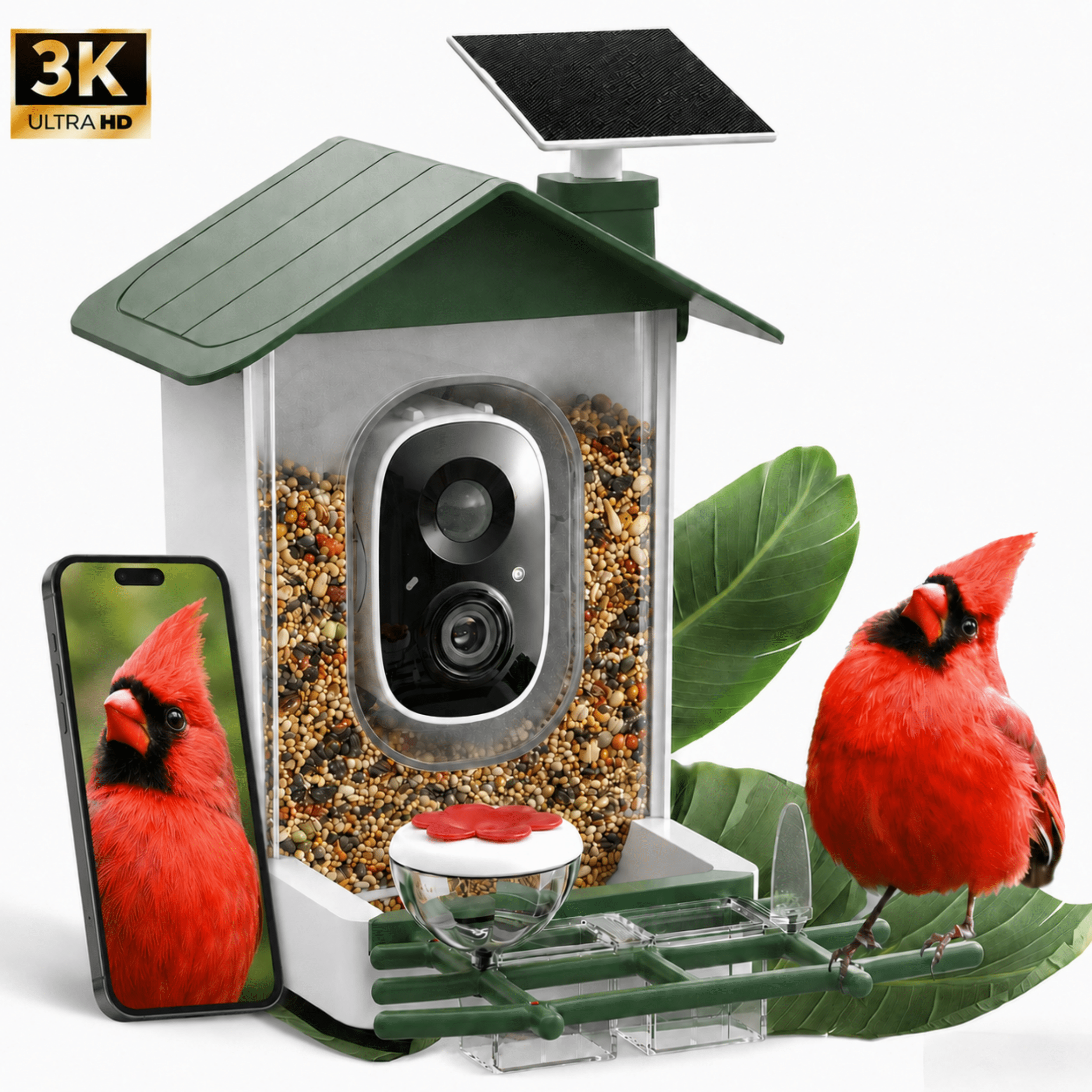 MEHOOM Smart Bird Feeder with Camera, 5MP 3K HD, AI Identifies 11,000+ Species, Solar Powered Outdoor Feeder, 2.4GHz WiFi App Alerts, Green
