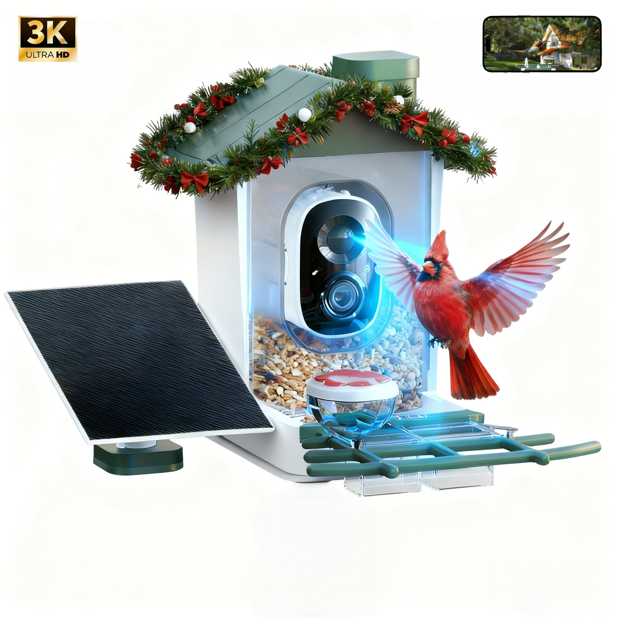 MEHOOM 3K/5MP Ultra HD Smart Bird Feeder with Camera, Solar Powered Outdoor Bird Feeder, AI Identification 11000+ Bird Species, App Notifications, Gift for Christmas New Year