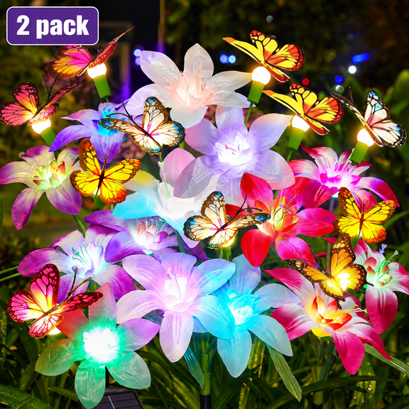 MEHOOM Lily & Swaying Butterflies Solar Lights, 2 Pack Outdoor Garden Decor Flower, 8-Head Brighter Waterproof Color Changing Solar Powered Light for Yard Lawn Pathway