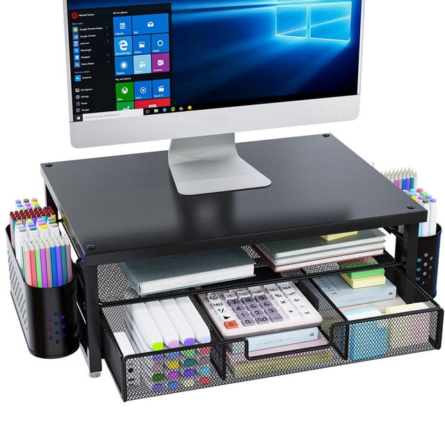 MEHOOM 3-Tier Monitor Stand Riser with Drawer and Pen Holders, Desk ...