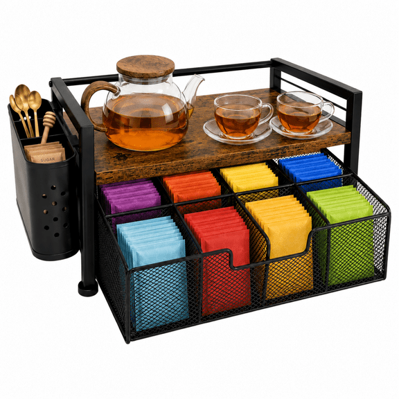 MEHOOM Tea Bag Organizer Kitchen Storage Box, Wood and Metal Tea Holder with Drawer, Countertop Tea Station Chest Display Container, Rustic Brown