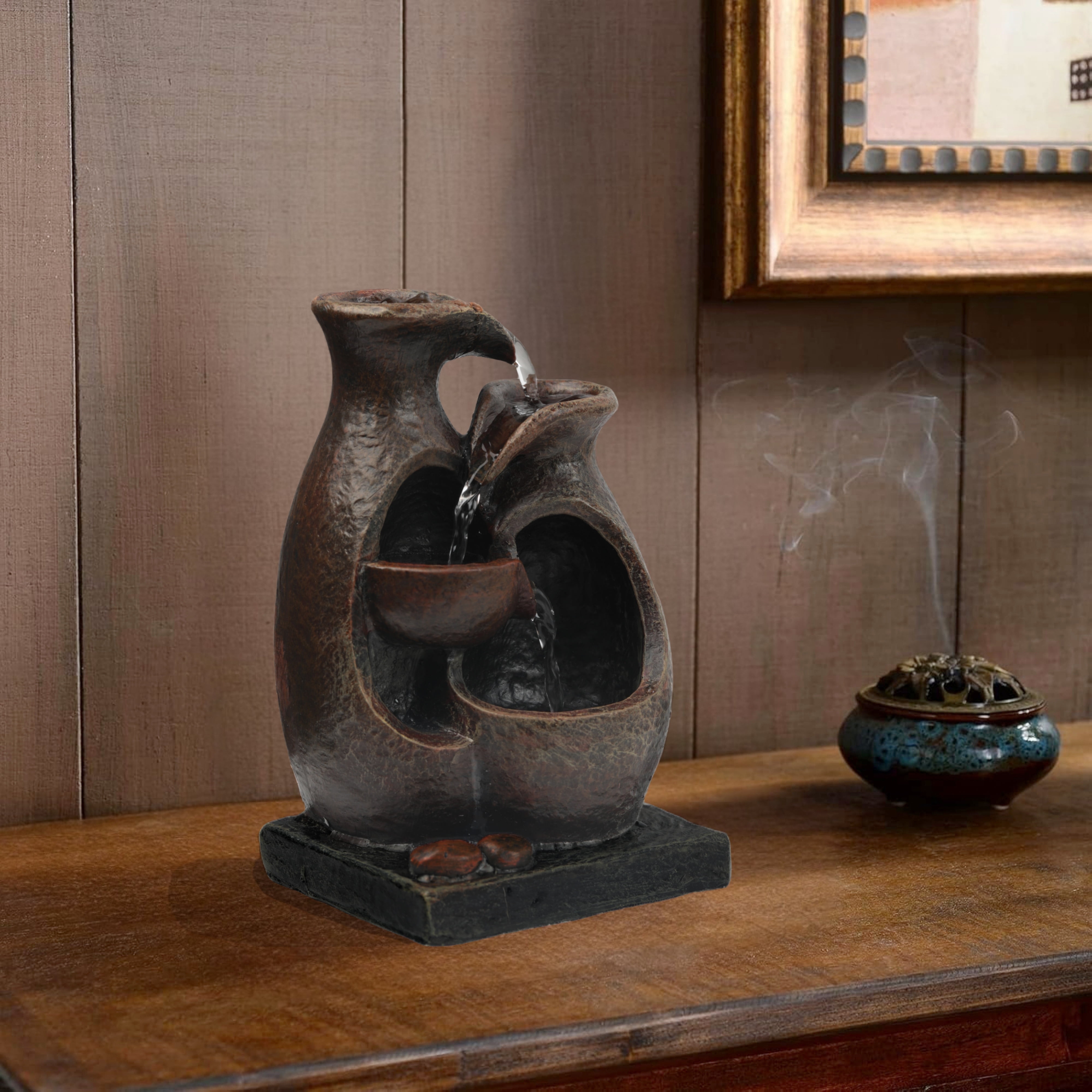 XGVGI Vase Resin Water Fountain Indoor Home, with Soft LED Lights, Soothing Sound, 3 Tiered Desktop Water Fountain for Zen Meditation, Waterfall Fountain Indoor Home Decor