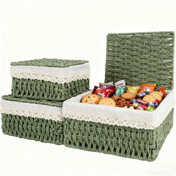 MEHOOM Wicker Woven Set of 3 Storage & Organization, Woven Storage Baskets for Bedroom, Closet, Table, or Living Room (Green)