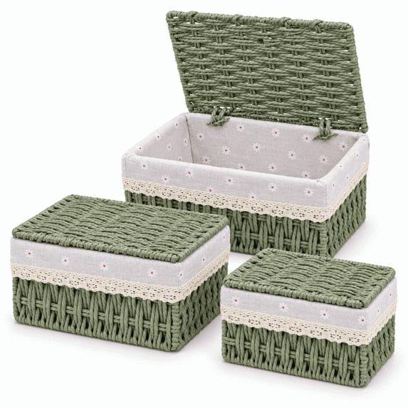 MEHOOM Small Wicker Storage Baskets with Lids, Set of 3 Handwoven Paper Rope Decorative Baskets with Washable Cotton Liners for Shelves and Tabletops, Green
