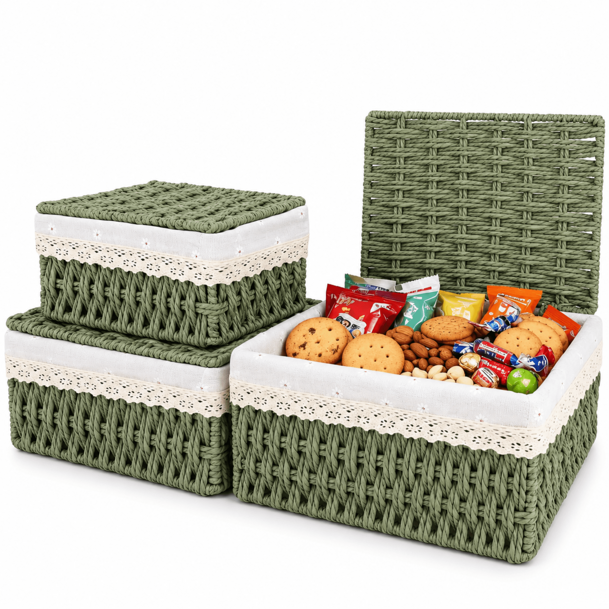 MEHOOM Wicker Woven Set of 3 Storage & Organization, Woven Storage Baskets for Bedroom, Closet, Table, or Living Room (Green)