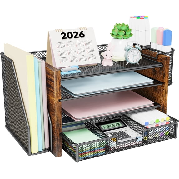MEHOOM Desk Organizer, 4-Tier Desktop File Organizer with Drawer and 2 Pen Holders