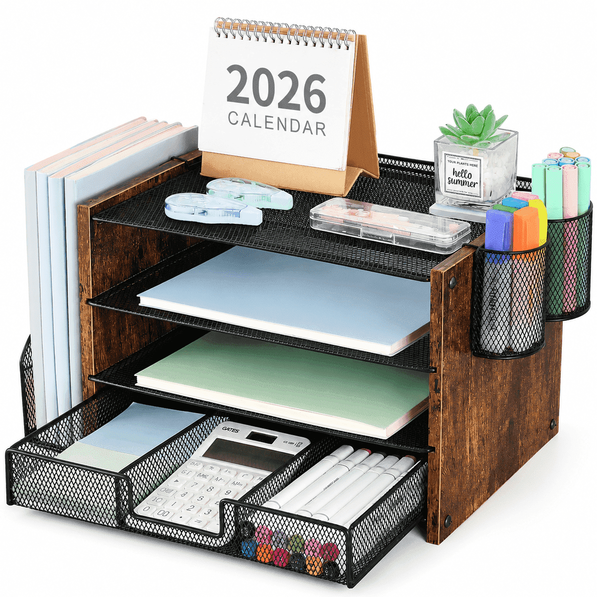 MEHOOM 4-Tier Wooded Desk Organizer Sets, Desktop File Organizer with Drawer and Pencil Holders for Office, Dorm Desktop Setup, Classroom Desk Accessories & Workspace Organizers