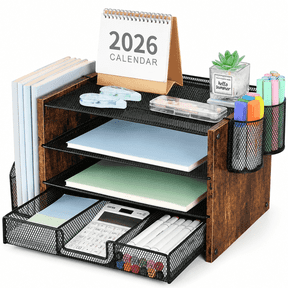 MEHOOM 4-Tier Wooded Desk Organizer Sets, Desktop File Organizer with Drawer and Pencil Holders for Office, Dorm Desktop Setup, Classroom Desk Accessories & Workspace Organizers