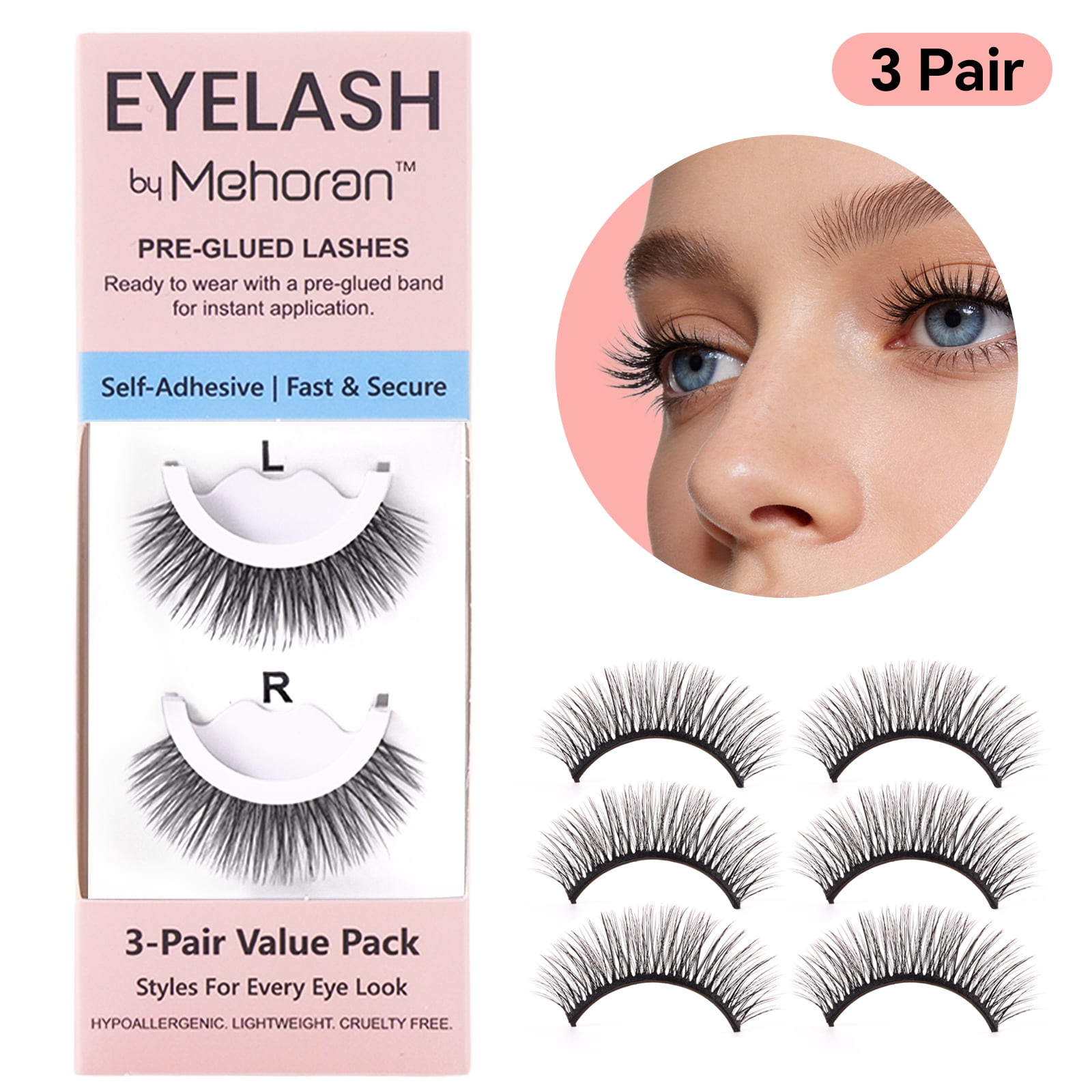 MEHORAN 3 Pairs False Eyelashes with Adhesive, Fluffy Self Adhesive False Lashes, Reusable Full Volume Strip Lashes, Lightweight & Washable, Strips 8-14mm