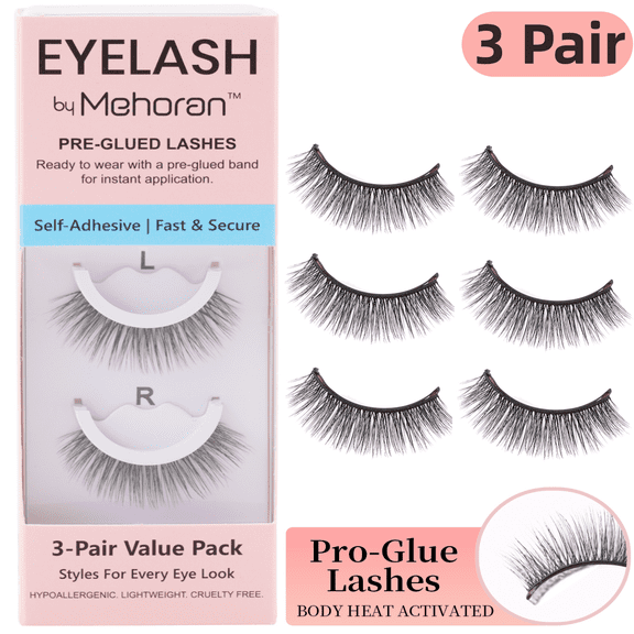 MEHORAN Self Adhesive Eyelashes, 3 Pairs Wispy Self-adhesive False Lashes, Reusable Natural Look Press On Lashes Pre Glued No Lash Glue Needed, Strips 8-14mm