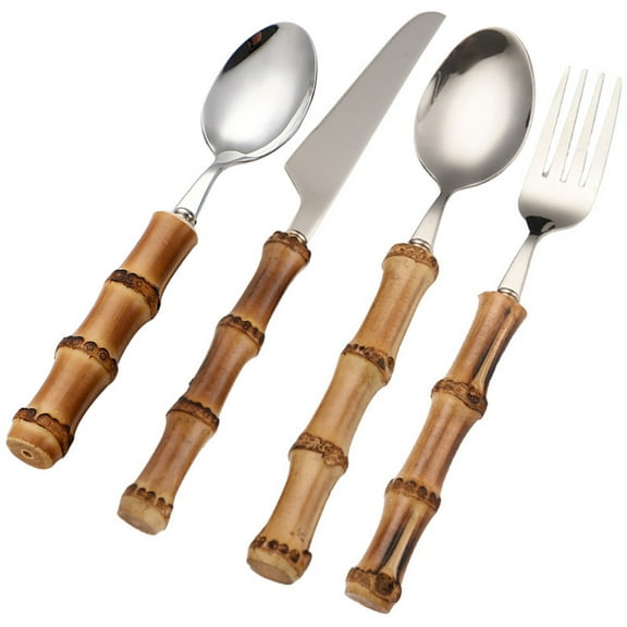 MEIBUTYUP 1 Set Stainless Steel Forks Spoons Flatware with Bamboo Handle for Friends