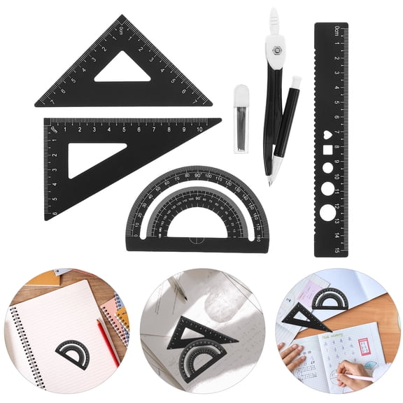 MEIBUTYUP Aluminum Alloy Black Ruler Set with Pencil, Compass, Multi-Angle Stationery Tools for Office, School, and Drawing Use