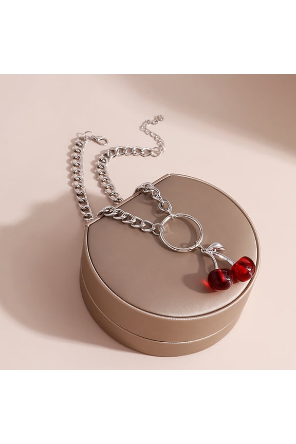 Cherry Pendant Necklace Red Alloy Chain Sweater Chain Jewelry for Women Special Occasions