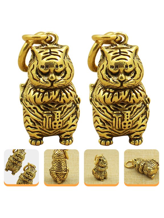 2Pcs Copper Tiger Keychain Pendant Golden Decorative Hanging Keyring Ornament